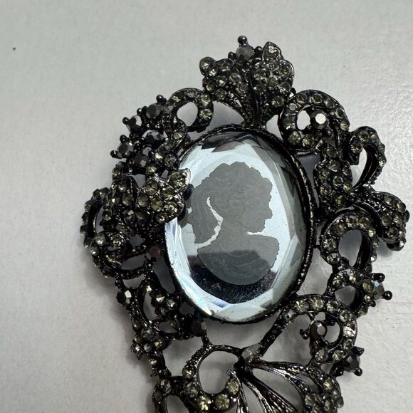 Vintage Ornate Cameo Brooch with Rhinestones – 2.5 Inches, Dark Silvertone - Picture 3 of 9